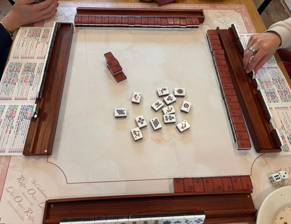 Pink Hollyhocks Mahjong Mat with Rules